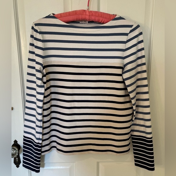 Celine Tops - Celine Multi Blue & White Striped Long Sleeve Crew Neck Cotton Top Sz S.
